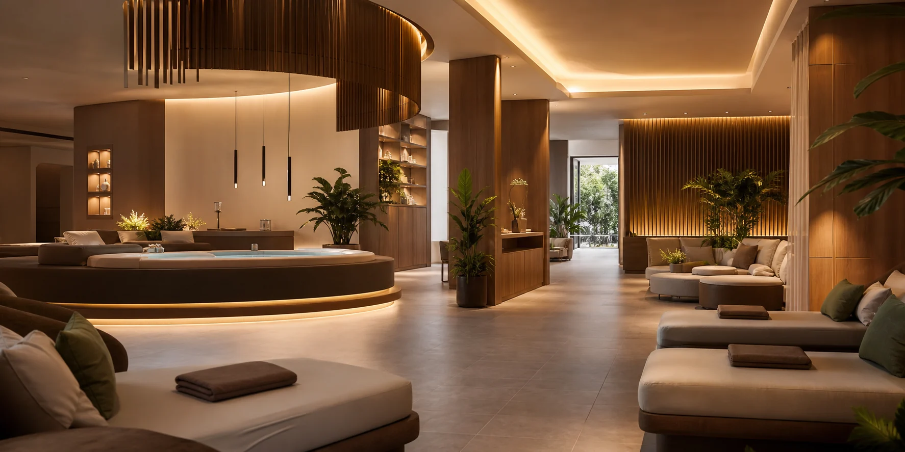 Hochwertiges Wellnesszentrum mit warmer Lounge-Atmosph&auml;re