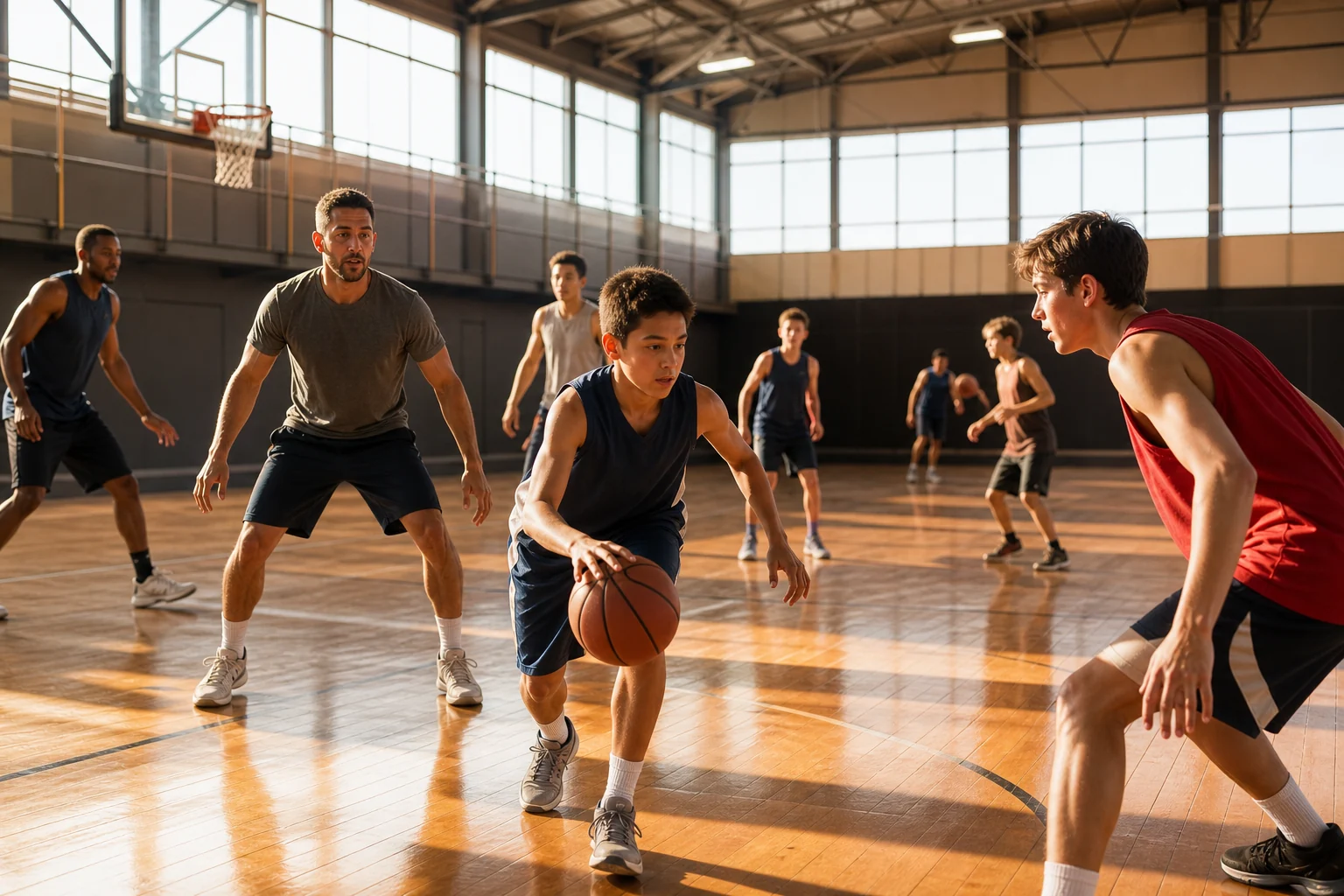 Basketballtraining in einer hellen Sporthalle
