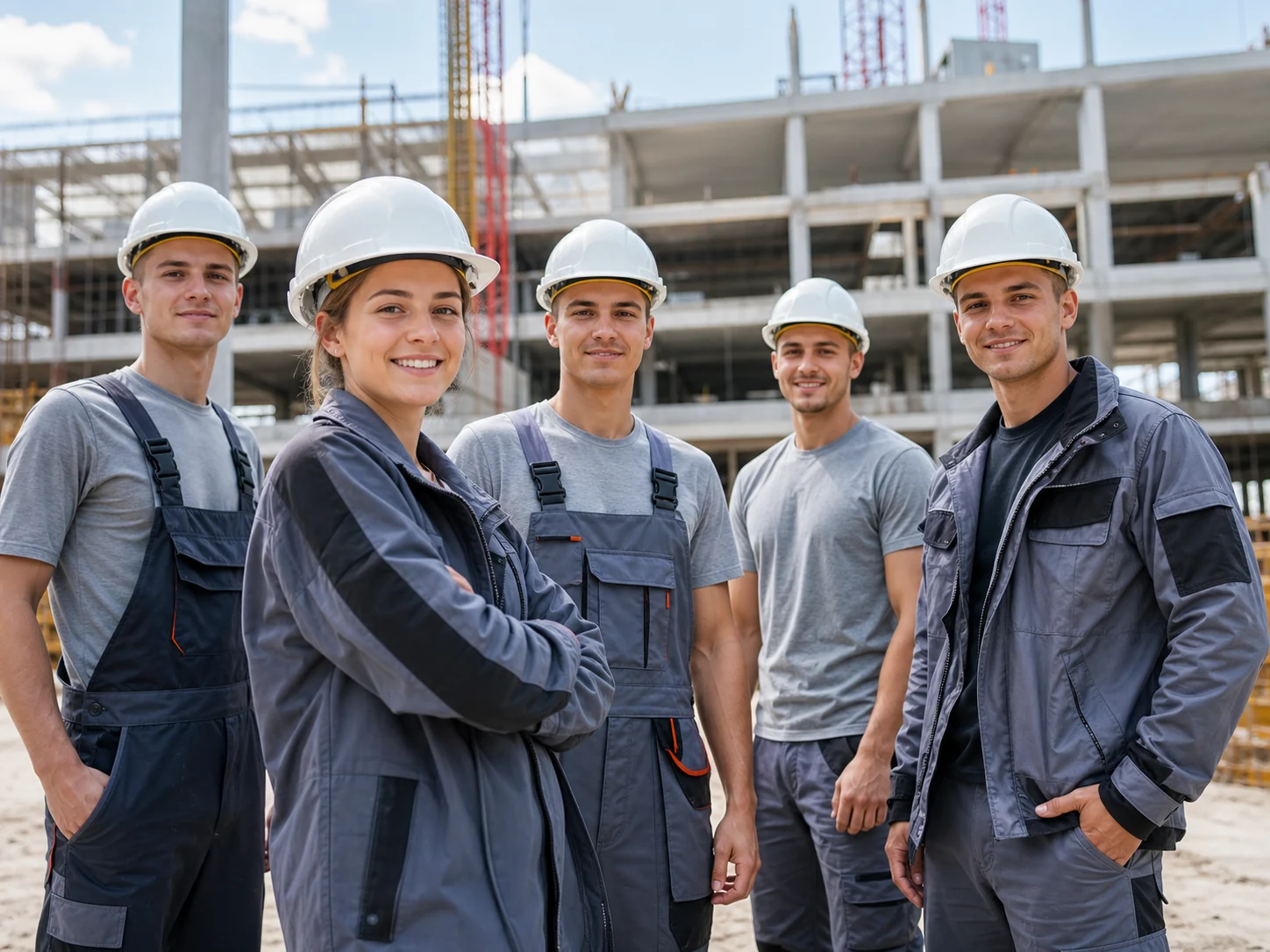 Fiktive junge Fachkräfte auf einer modernen Baustelle