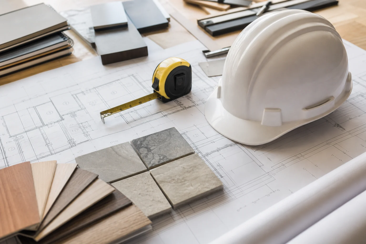 Bauplanung mit Plänen und Materialmustern