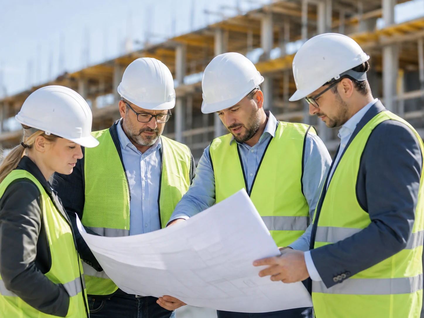 Fiktive Projektbesprechung auf einer Baustelle