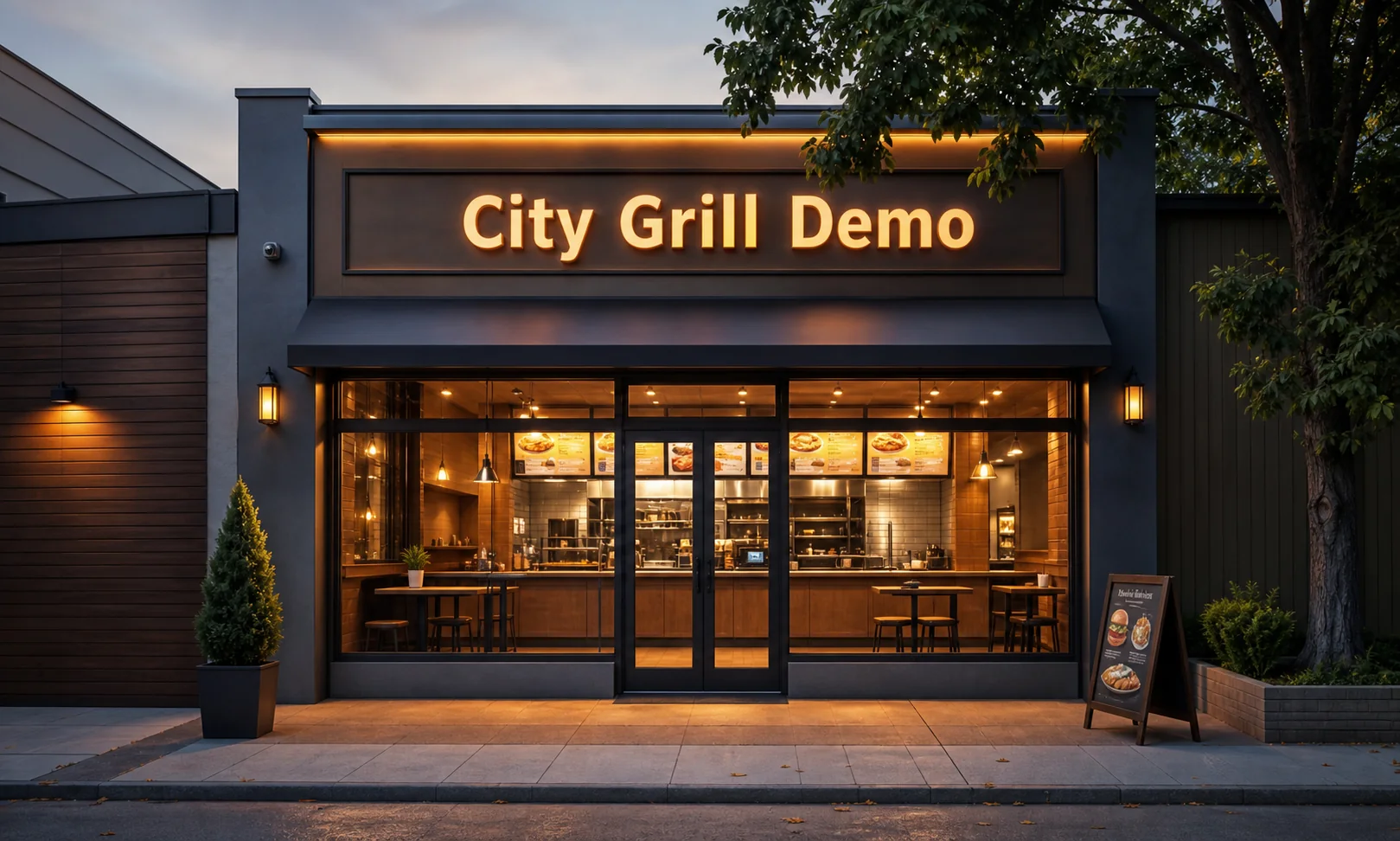 Außenansicht eines kleinen Imbissladens mit City Grill Demo Schild
