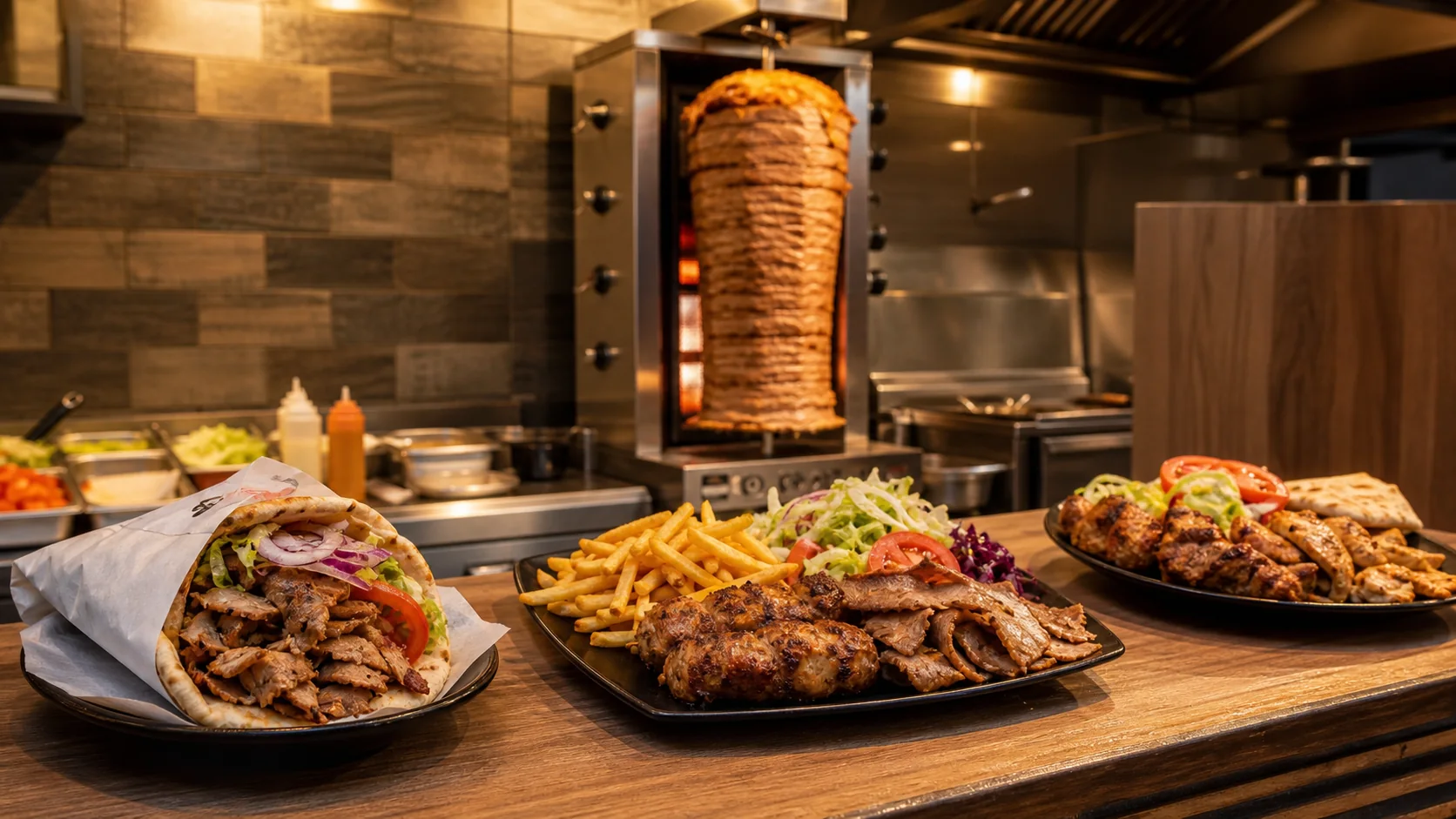 Döner und Grillgerichte auf einer warm beleuchteten Imbisstheke
