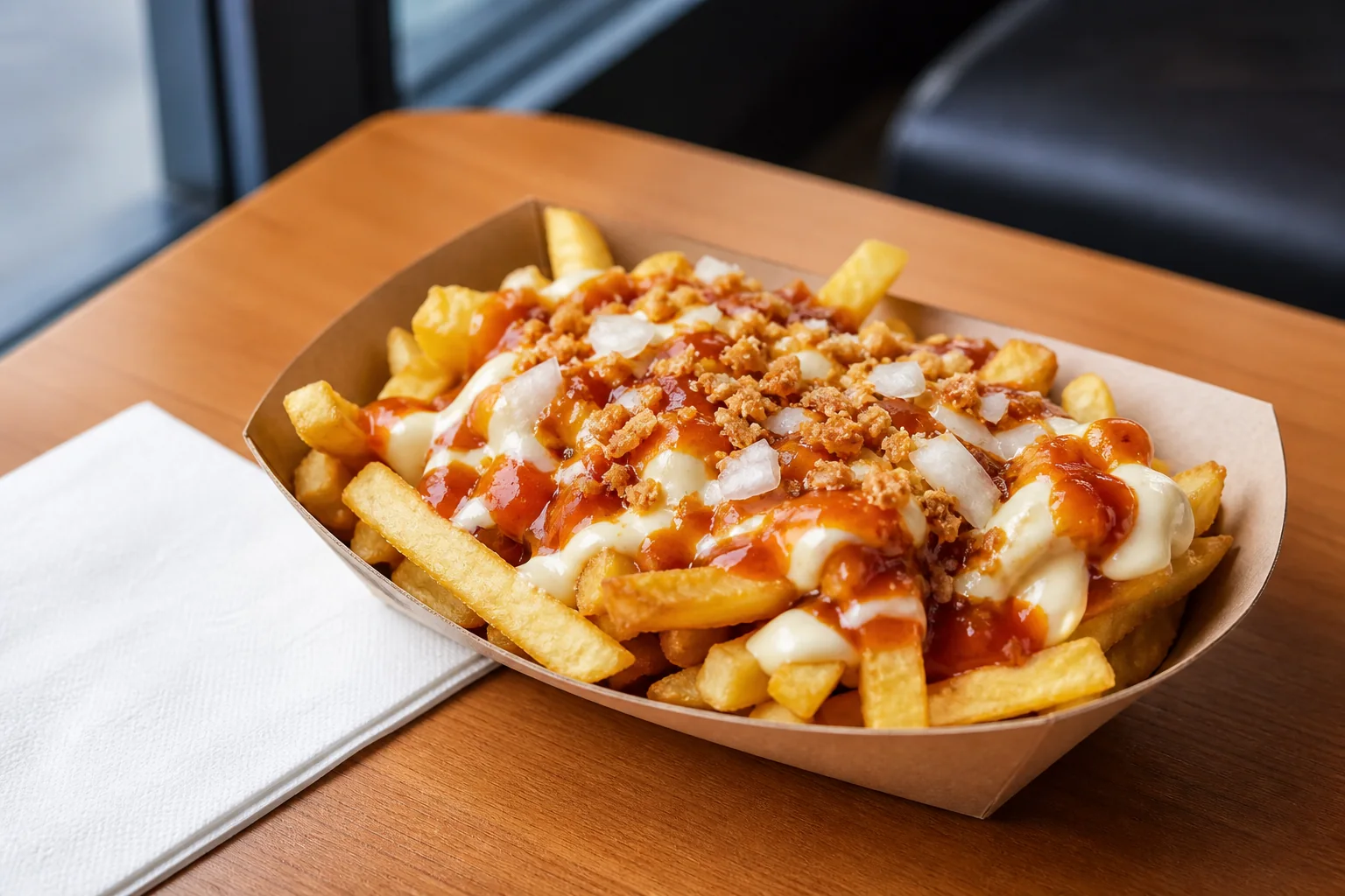Pommes Spezial auf einem kleinen Imbisstisch
