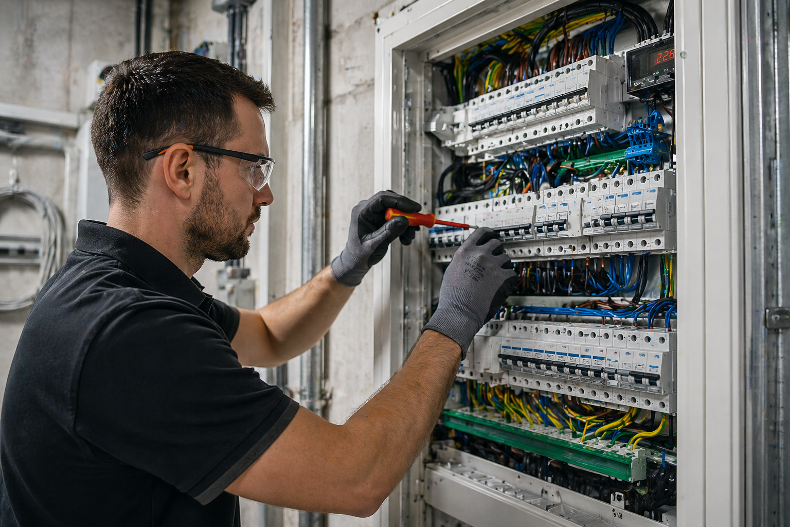 Elektriker arbeitet an einer Elektroverteilung