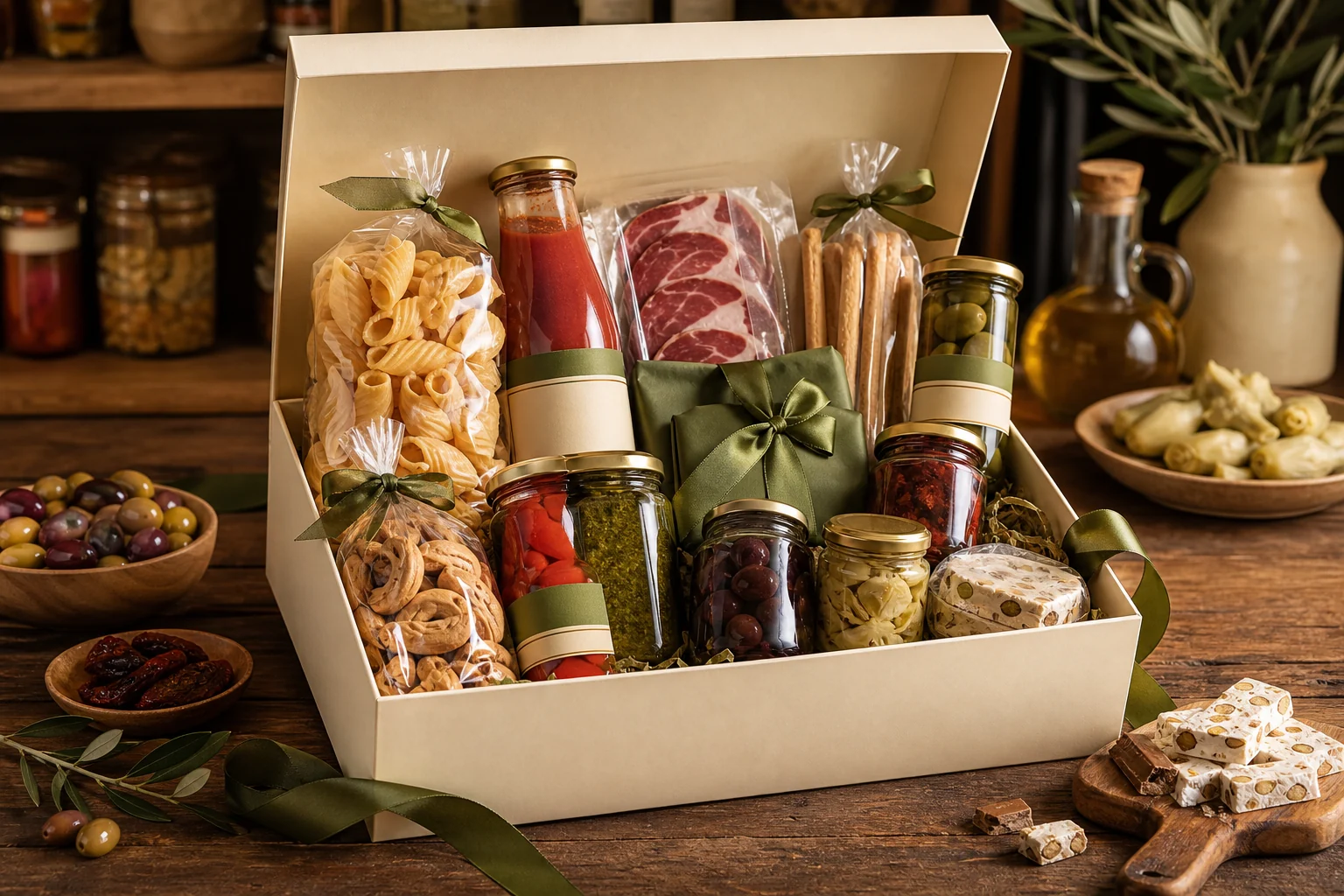 Feinkostbox mit Antipasti, Pasta und Süßem