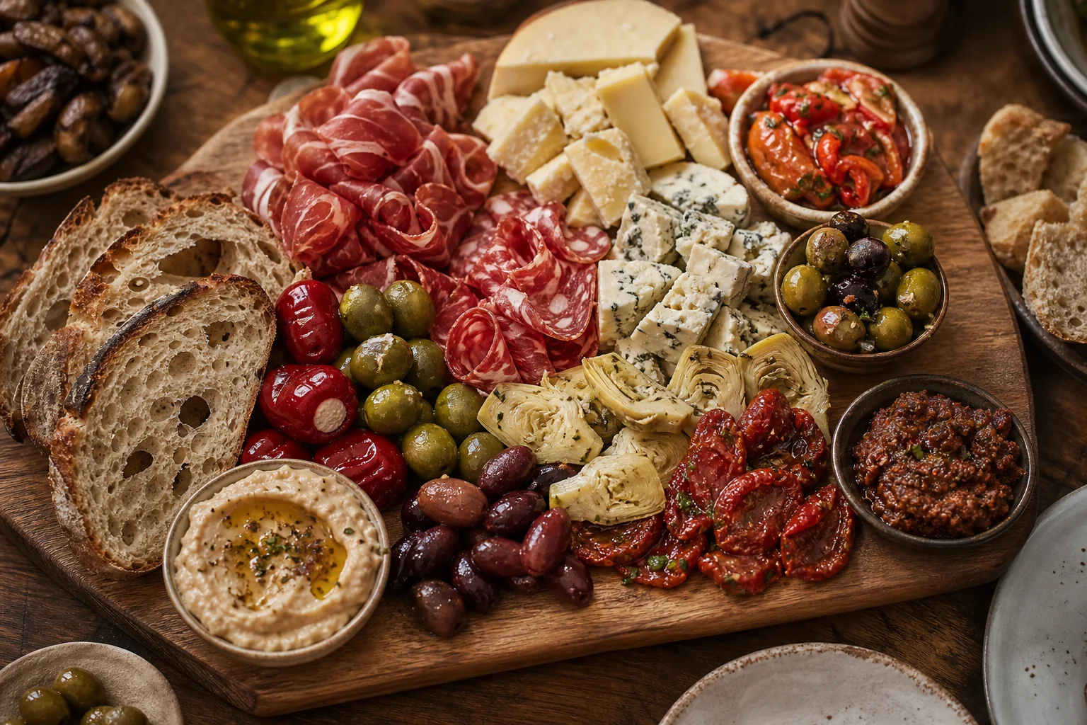 Feinkostplatte mit Käse, Antipasti und Brot
