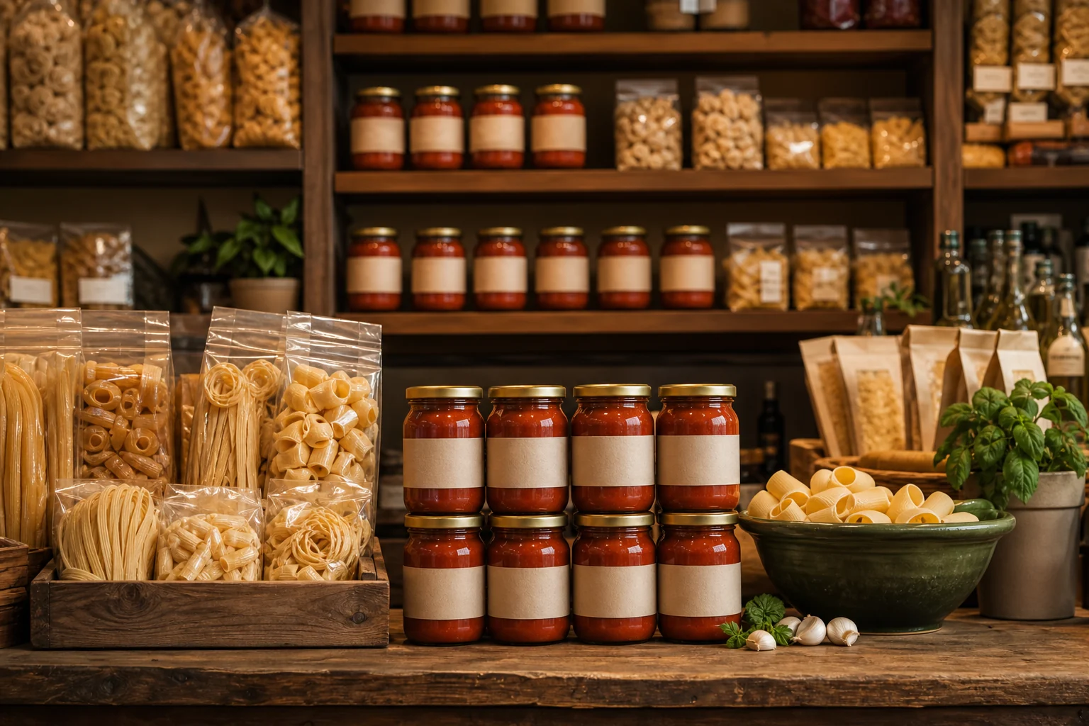 Pasta und Saucen im Feinkostregal