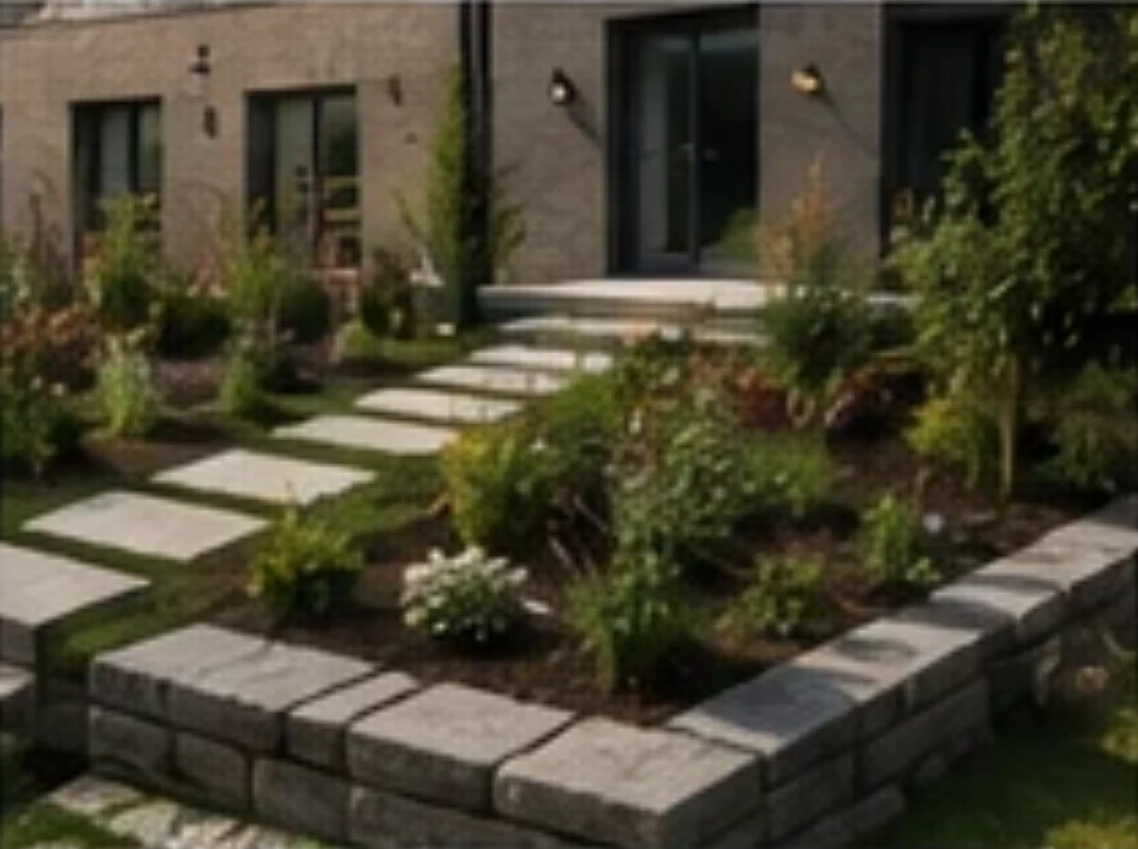 Moderne Gartenanlage mit Terrasse und Bepflanzung