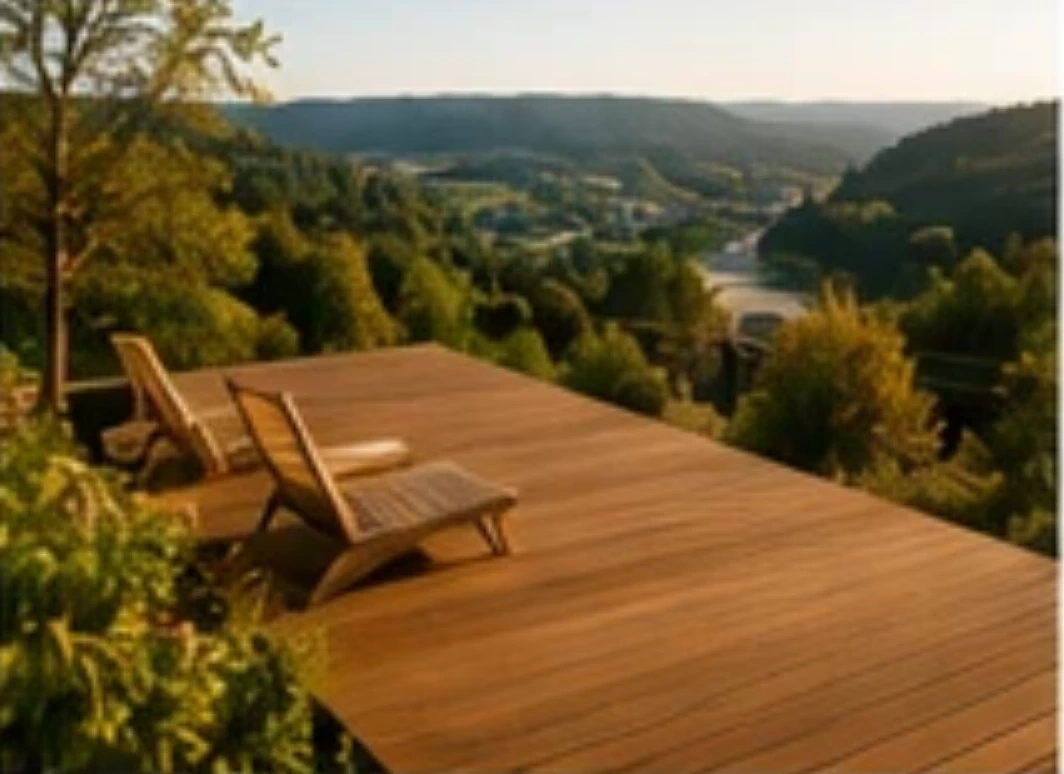 Holzdeck als Sitzplatz am Hang