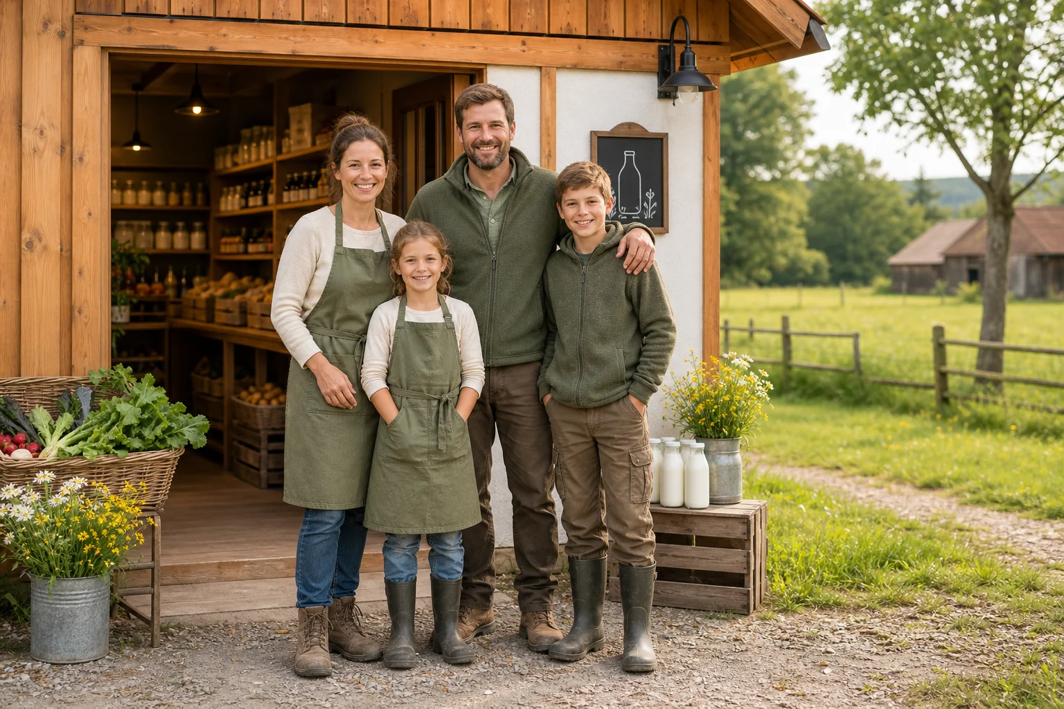 Fiktive Familie Berger vor dem Hofladen