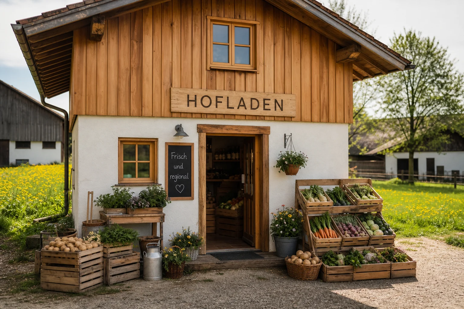 Außenbereich des Hofladens mit Waren am Eingang
