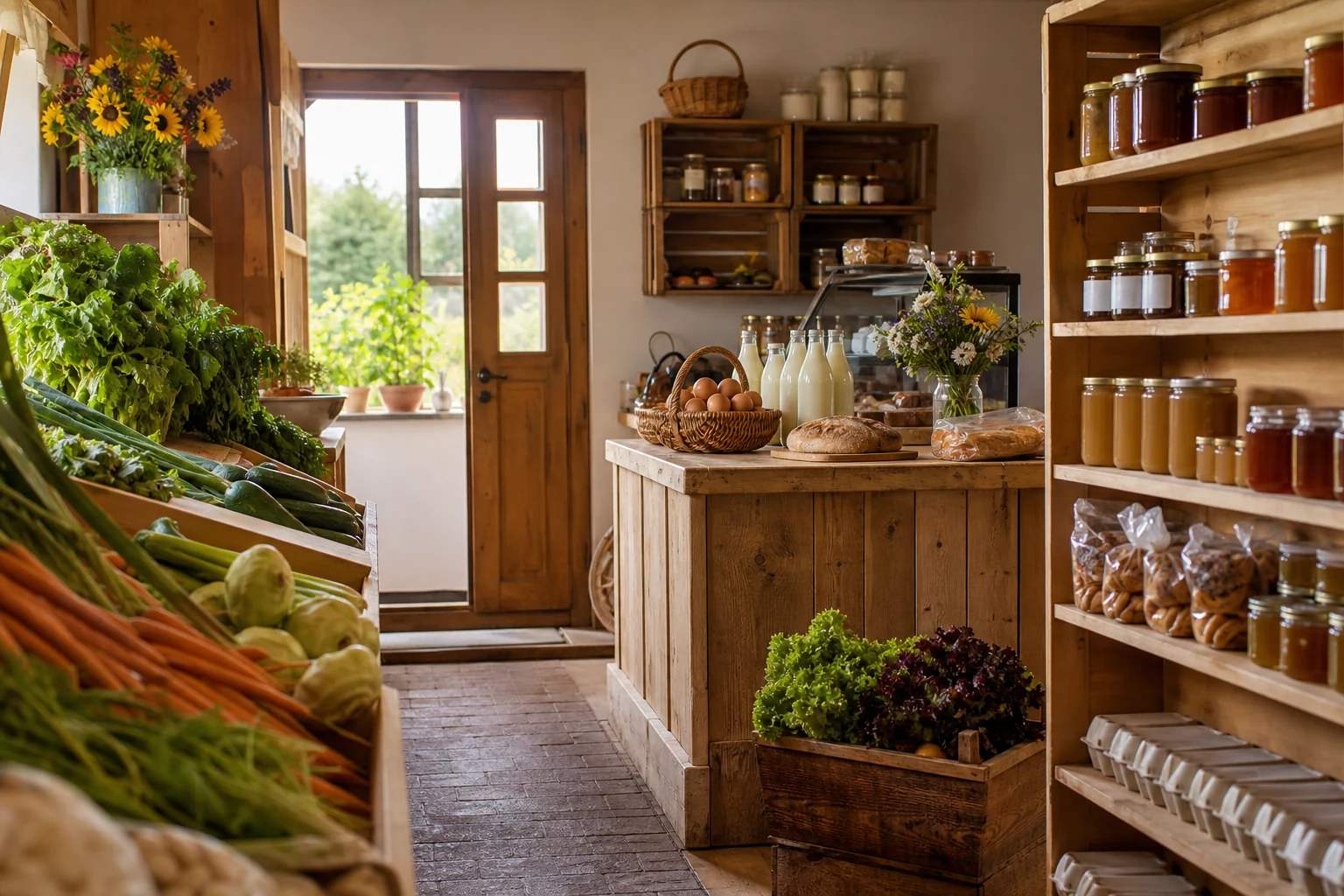 Innenbereich des Hofladens mit Holzregalen und regionalen Produkten