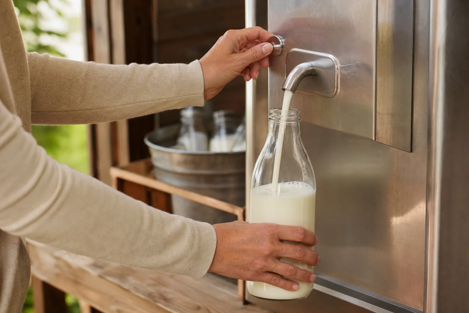 Frische Milch wird in eine Glasflasche gezapft