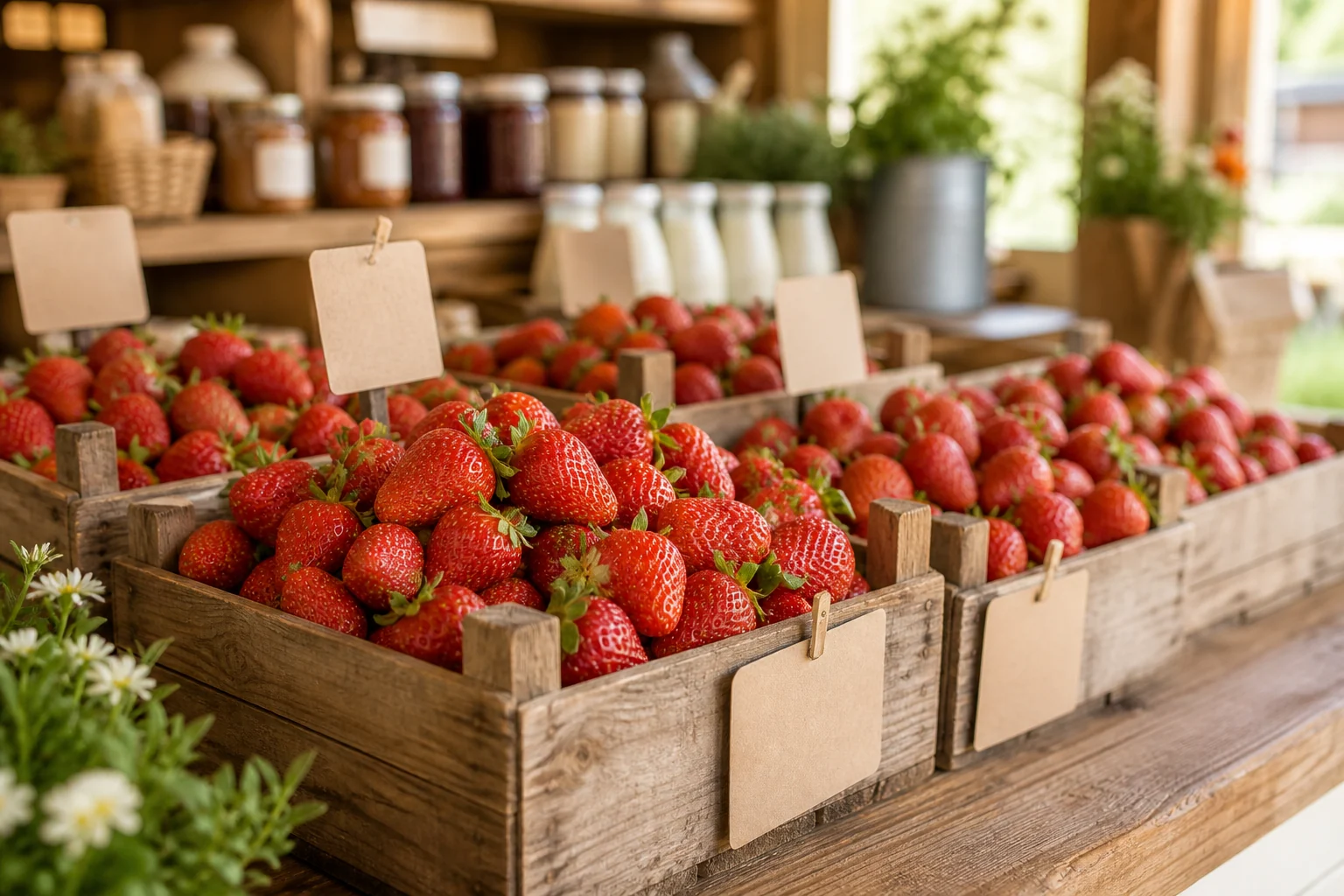 Frische Erdbeeren in Holzkisten