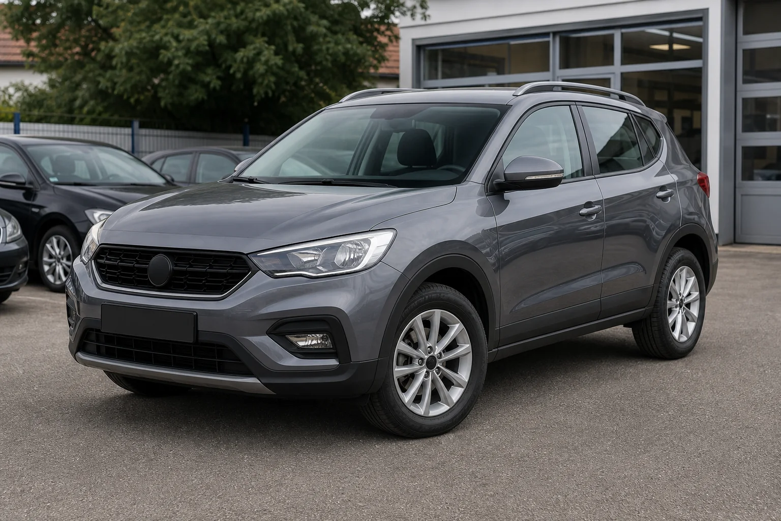 Kleiner SUV auf Werkstatthof
