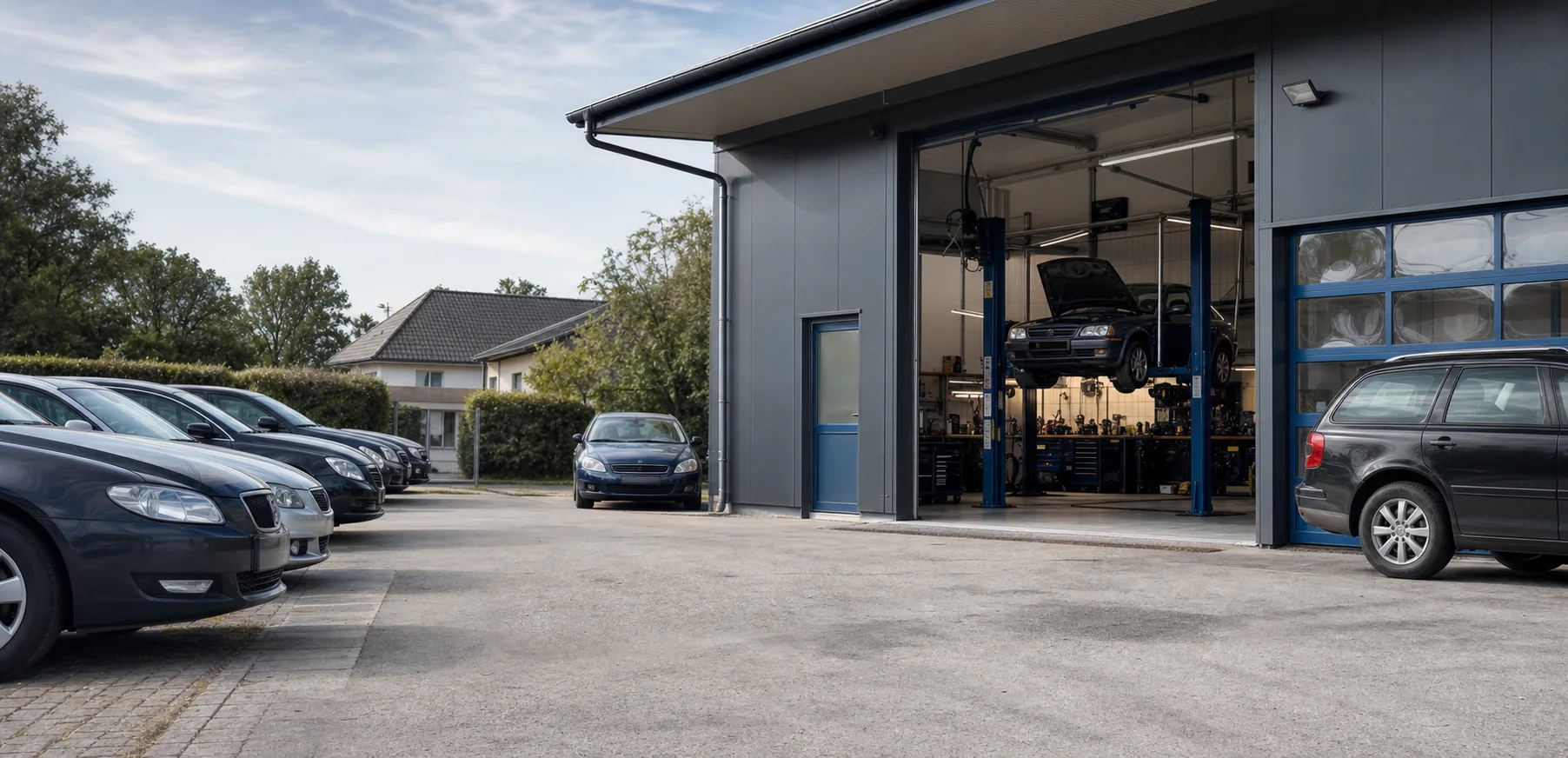Kleine KFZ-Werkstatt mit Gebrauchtwagen auf dem Hof