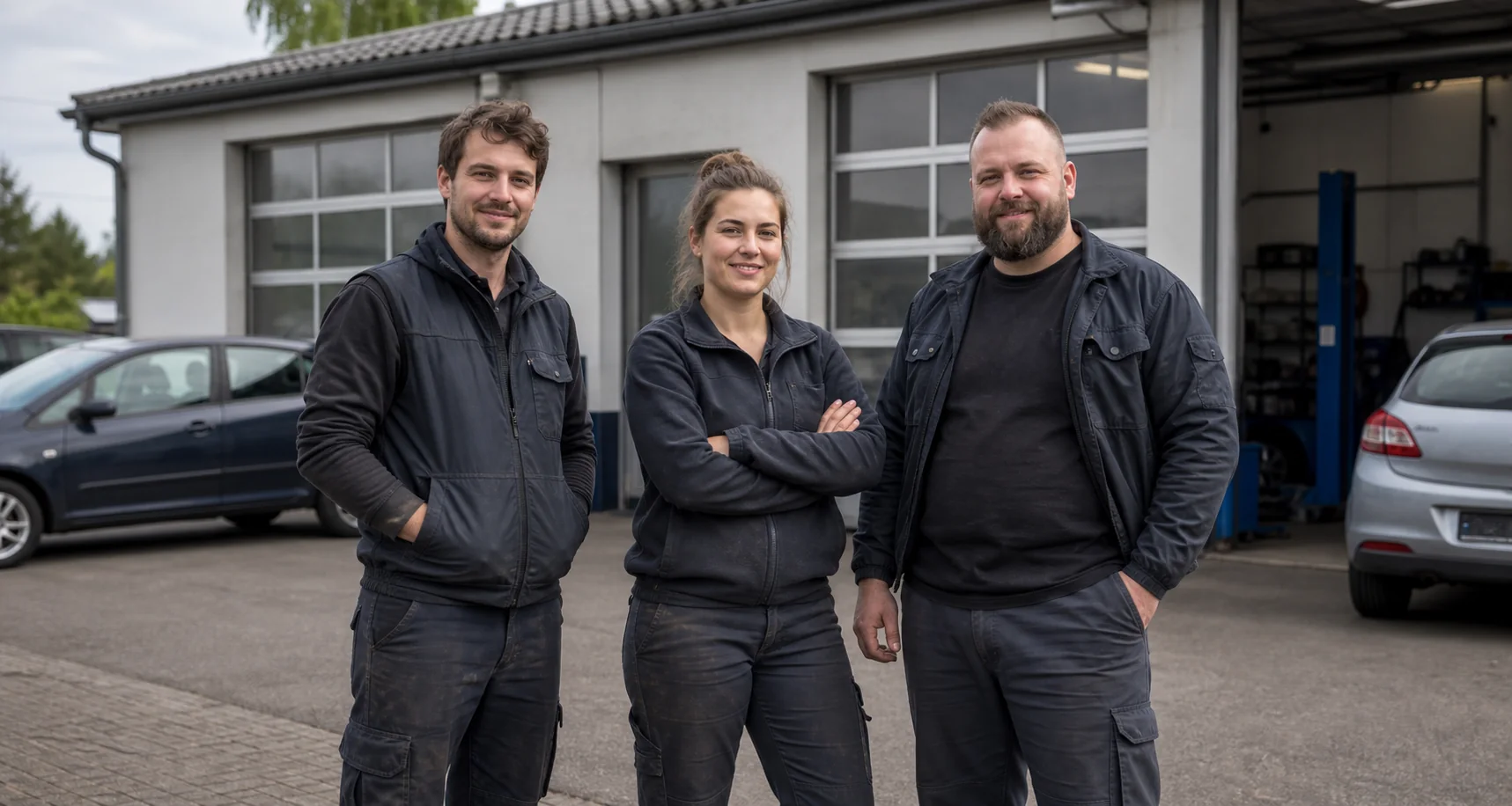 Kleines Werkstatt-Team vor einer Werkstatt