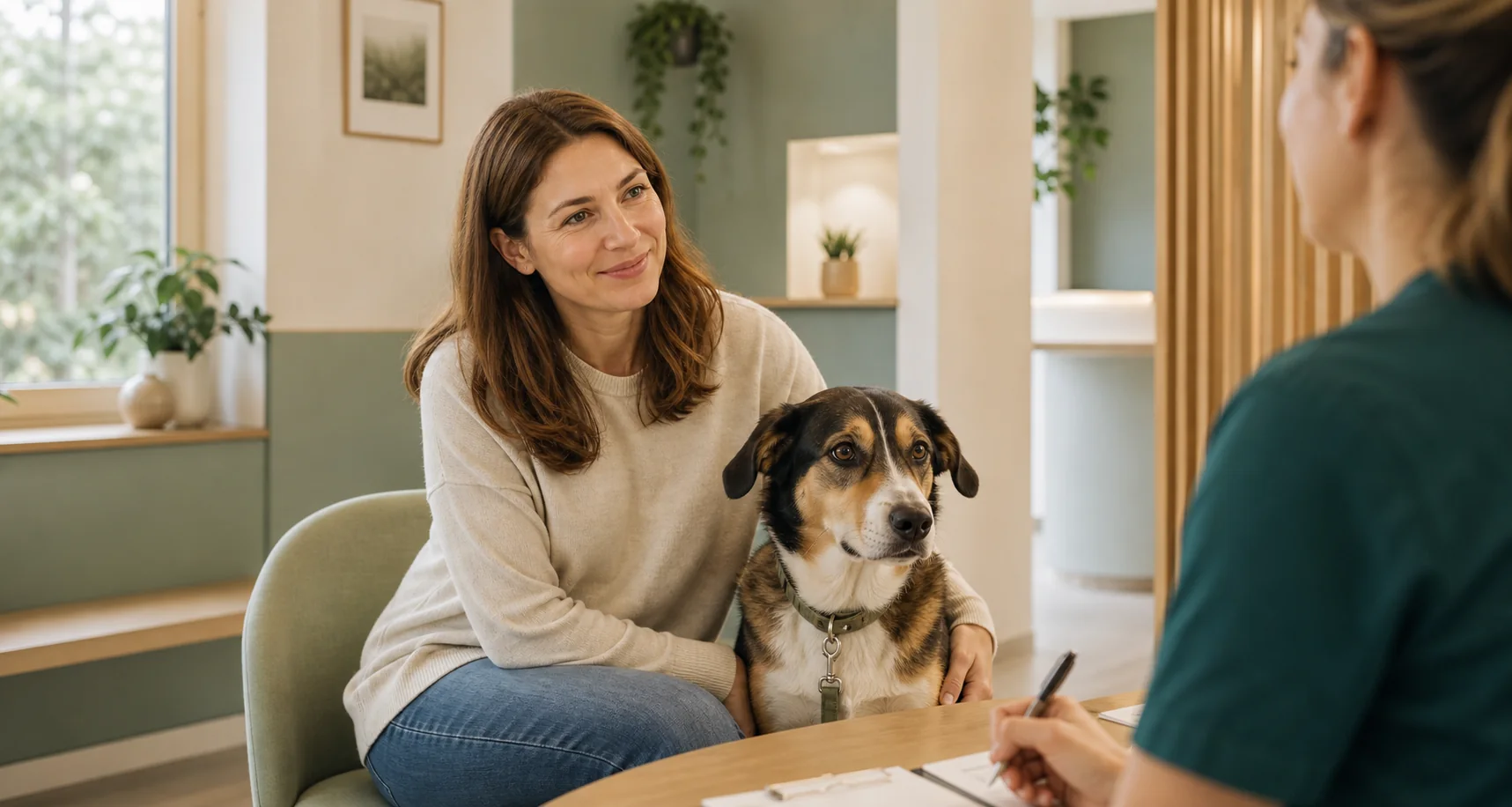 Tierhalter mit Hund in freundlicher Praxisatmosph&auml;re