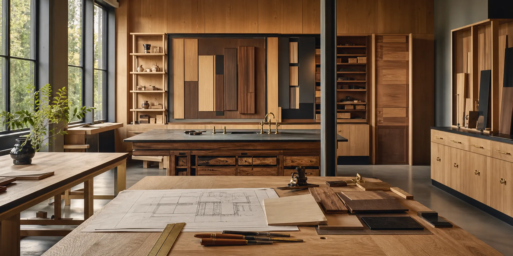 Warme Werkstatt mit Holzmustern, Werkbank und Materialdetails