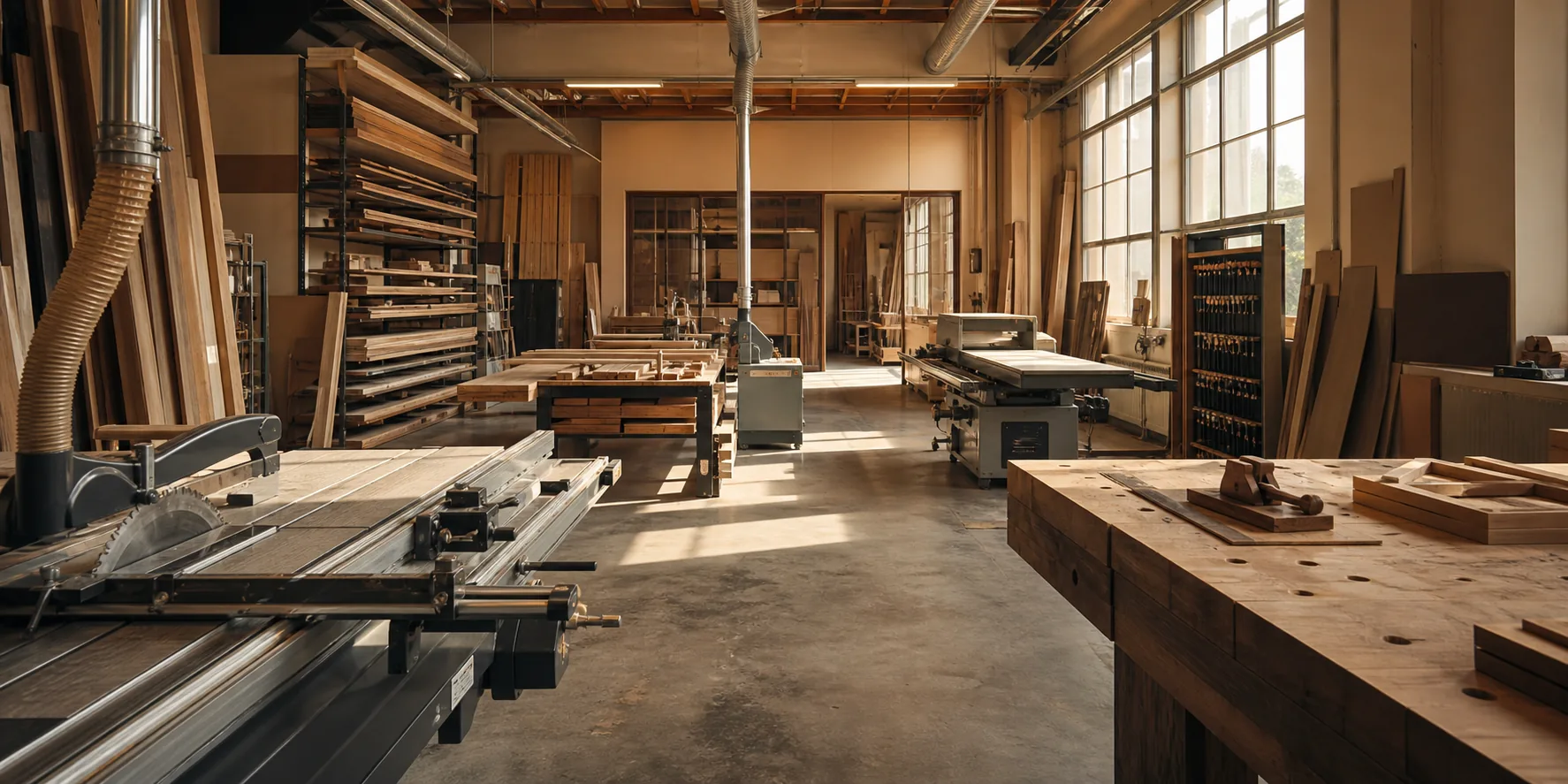 Moderne Schreinerei-Werkstatt mit Maschinen und Holzlager